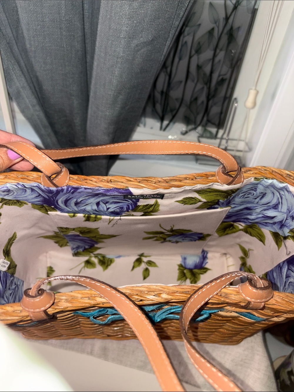 Kate Spade vintage Woven Tote Bag with Teal Accent and Tan Leather Handles - Picture 6 of 12